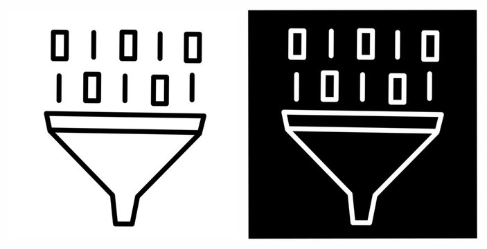 Minimal data filter icon with binary digits entering a funnel. Modern symbol for data processing, analytics, sorting, and digital information flow.