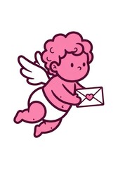 Fototapeta premium Cute Pink Cupid Character Flying with Love Letter Envelope, Valentine's Day Illustration, Minimalist Cherub Vector Art