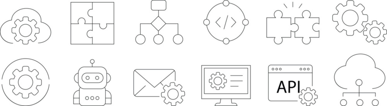 Automation and Workflow Outline Icon Set with API, Cloud Integration, Robot, Process Flow and System Settings
