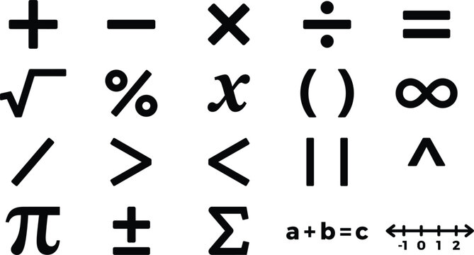 Mathematics and Algebra Education Icon Set with Arithmetic Operators Calculus Equations Number Line and Geometric Symbols for School Apps Websites and Graphic Designs