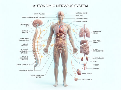 Detailed anatomical illustration of the human autonomic nervous system showing major internal organs and nerve connections in a medical diagram