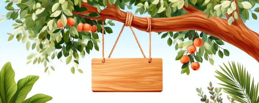 Wooden signboard hanging from a fruit tree branch with rope and blank space for message
