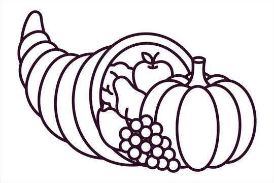 Thanksgiving cornucopia illustration filled with autumn harvest fruits and vegetables in a vibrant color palette