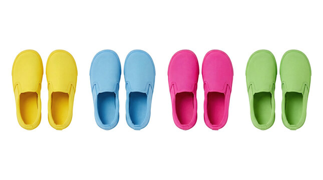 Collection of four pairs of colorful lightweight slip on clogs for summer PNG on white background