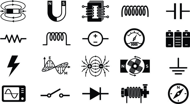 Physics Electromagnetism and Electrical Circuit Icon Set with Magnet, Induction Coil, Schematic Electronic Components, and Laboratory Experiment Symbols vector design