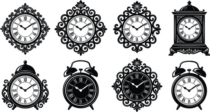 Set of vintage ornate clock silhouette icons with alarm clock and decorative frame vector illustration collection