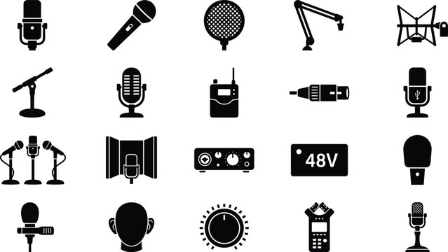 Podcast Microphone and Recording Studio Equipment Icon Set with Audio Interface Shock Mount Broadcast Stand and Vocal Hardware Symbols for Sound Engineering Web Apps