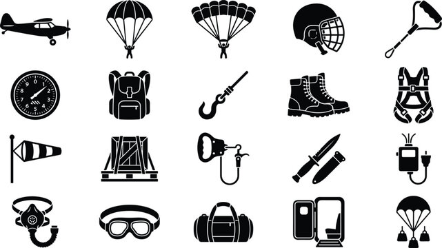 Skydiving and Parachuting Equipment Icon Set with Extreme Sports Gear Airplane Safety Harness Boots Altimeter and Air Cargo Symbols for Mobile Apps and Websites