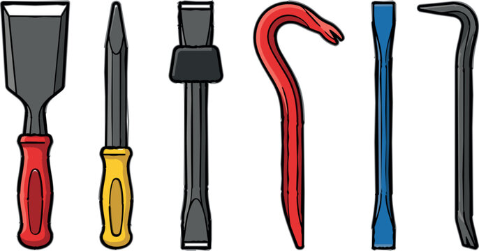 Demolition hand tools set with crowbars masonry chisels and pry bars vector illustration