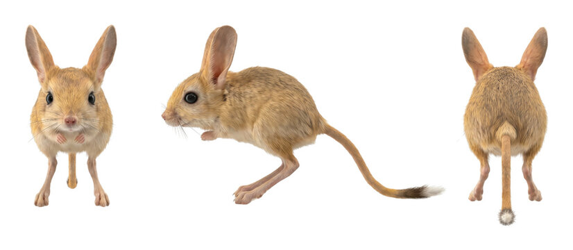 Three views of sitting long-eared jerboa isolated on transparent background