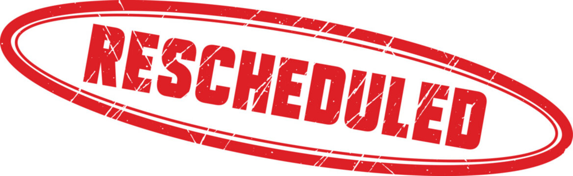 RESCHEDULED: A clear red rubber stamp graphic meant for administrative purposes and updating important document scheduling details.