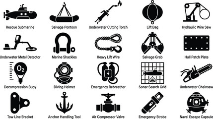Underwater Salvage and Marine Rescue Equipment Icon Set with Deep Sea Diving Tools, Submarines, and Naval Recovery Symbols for Maritime Tech and Vector Design © Abdur