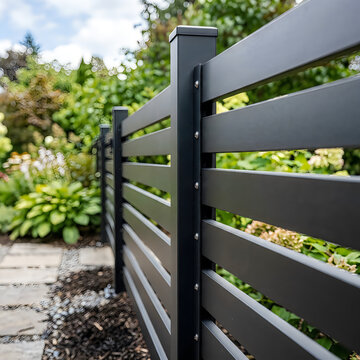 Modern horizontal black wooden fence in a lush garden with backyard, landscape