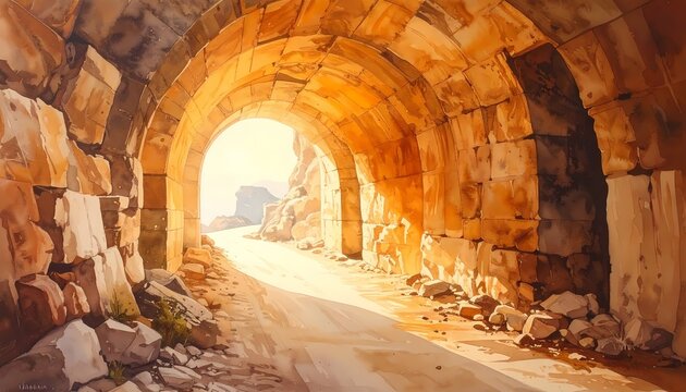 Ancient stone tunnel archway wide angle perspective showing light at the end of the tunnel watercolor illustration with warm golden sunlight and rocky desert background.