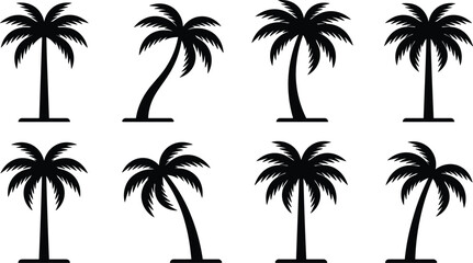Fototapeta premium Set of black palm tree silhouette icons in different shapes and angles tropical coconut tree vector illustration collection
