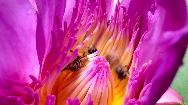 Macro close-up of honey bees collecting pollen inside a vibrant pink water lily blossom. Colorful aquatic flower with active pollinators in natural daylight.