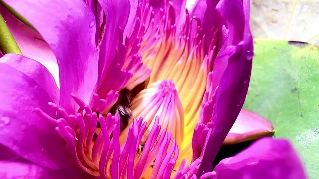 Macro close-up of honey bees collecting pollen inside a vibrant pink water lily blossom. Colorful aquatic flower with active pollinators in natural daylight.