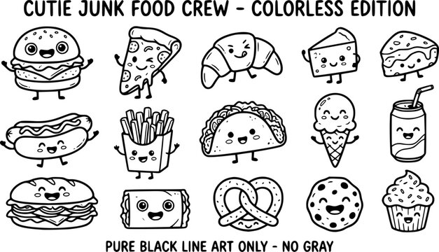Funny food mascots. Cute doodle junk food mascot, fast food with faces, happy cheeseburger, pizza and croissant vector illustration icons set. Sandwich and snack with face cute, unhealthy meal