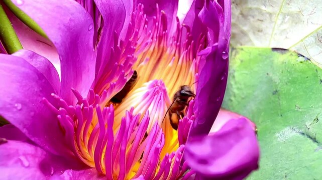 Macro close-up of honey bees collecting pollen inside a vibrant pink water lily blossom. Colorful aquatic flower with active pollinators in natural daylight.