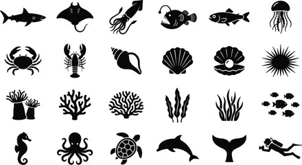 Sea Life and Deep Ocean Silhouette Icon Set Featuring Marine Animals Coral Reef Elements Shells and Scuba Diver Symbols for Creative Aquarium and Aquatic Designs © salsabil