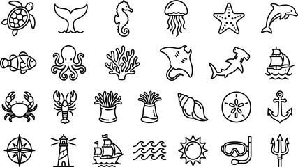Sea Life and Nautical Line Icon Set Featuring Marine Animals Coral Reef Elements Sailing Ships and Ocean Navigation Symbols for Tropical Beach Summer Designs © salsabil