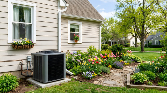 Air conditioning unit located outside next to flower garden at residential house