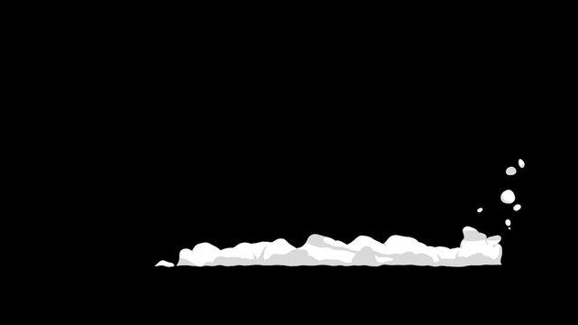 Stylized white smoke cloud animation moving rapidly across a stark black screen in motion video footage
