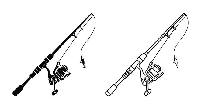Two fishing rods with reels and lines depicted as a black and white silhouette rod pole angling fish