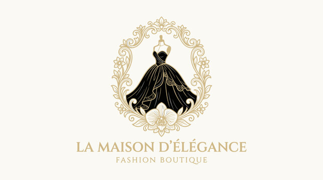 Elegant woman in a black dress standing in front of a gold logo