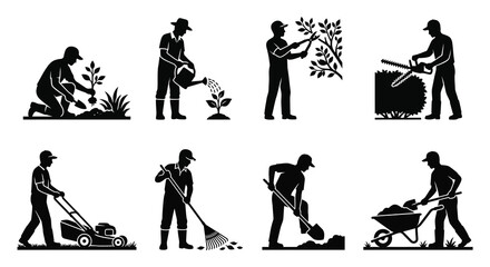 Fototapeta premium Gardening related human figures performing various tasks depicted as a black silhouette gardener horticulture landscaping lawn care agricultural worker groundskeeping