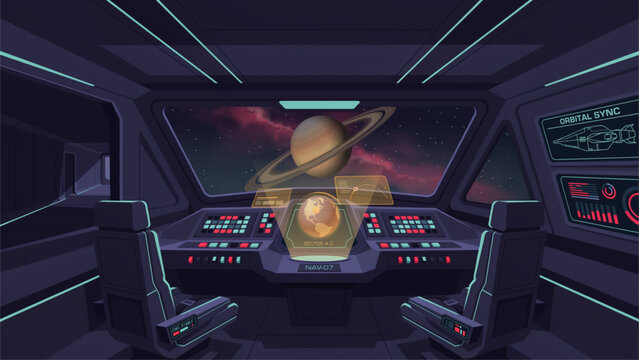 Futuristic spaceship cockpit with holographic controls and glowing interface Vector