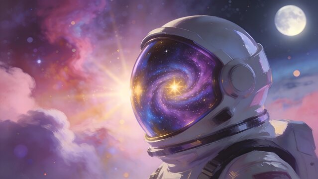 Artistic portrait of a space explorer wearing a white helmet with a glowing swirling galaxy reflection inside the visor under soft pink and purple clouds