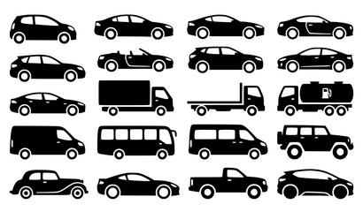 Premium black silhouette transportation vehicle vector set including passenger cars trucks utility vans SUVs and electric automobiles isolated on white background © MdShojib