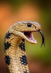 Obraz premium Close-up Portrait of a King Cobra Snake with Open Mouth and Flicking Tongue Covered in Water Droplets
