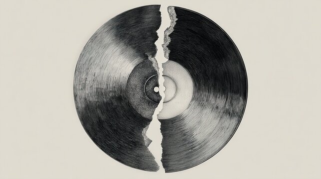 Broken Black Vinyl Record Split in Half on Beige Background Concept Photo