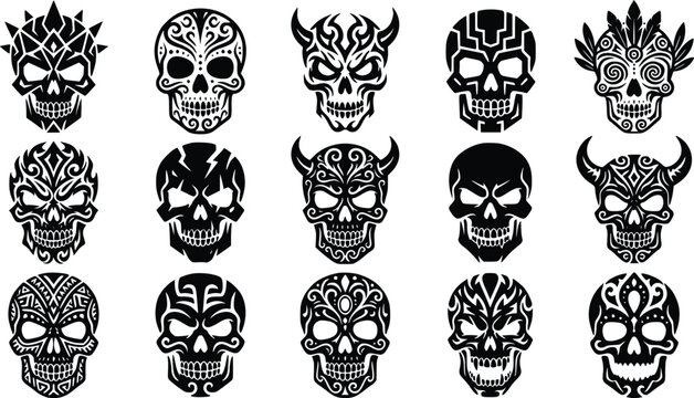 Collection of various decorated skulls with intricate designs and patterns  sugar skulls and devil horns in black and white