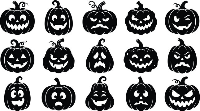Halloween pumpkin faces  various expressions  spooky  scary  funny  jack o lanterns  black silhouettes