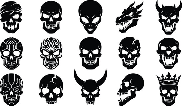 Collection of various black skulls and monster heads with different designs and expressions on white background  graphic resource