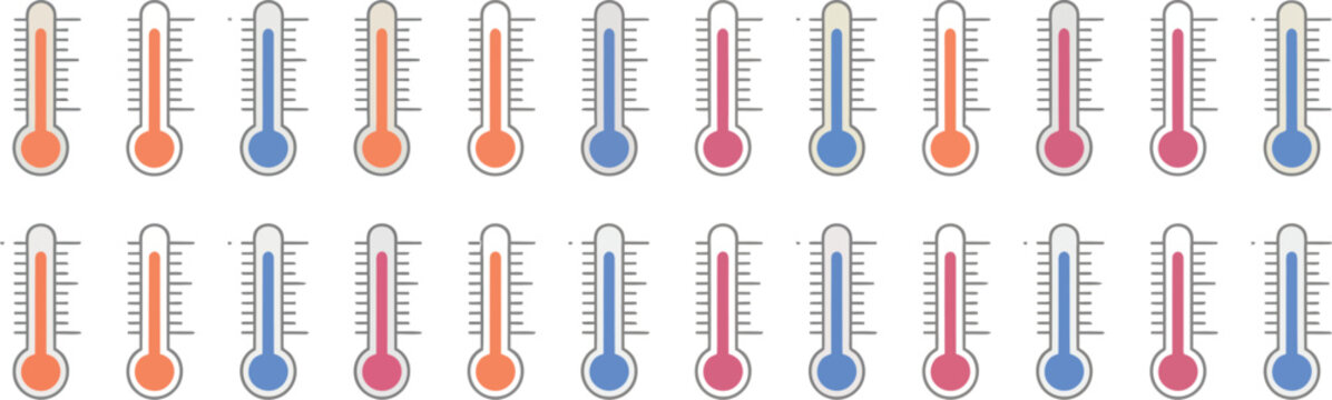 Temperature icons set, thermometer symbols showing hot, cold, and temperature levels for weather, climate, healthcare, and measurement concepts.