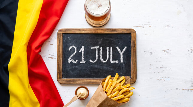 Belgian flag with 21 july chalkboard and fries