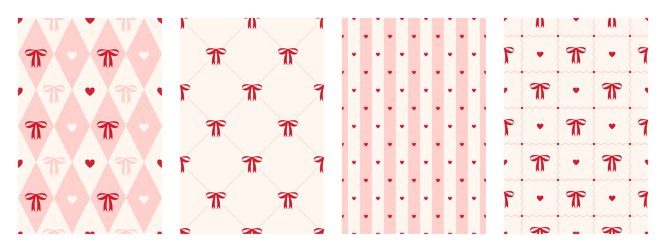 Coquette pastel seamless pattern set with red and pink bows and hearts. Cute rhombus, striped and checkered backgrounds. Girly print for wrapping paper, textile and fabric. Vector illustration