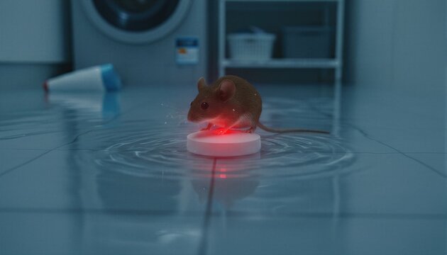 Small mouse standing on a smart water leak detector sensor on a wet tiled floor. Modern home automation technology and safety device preventing flood damage in a laundry room.