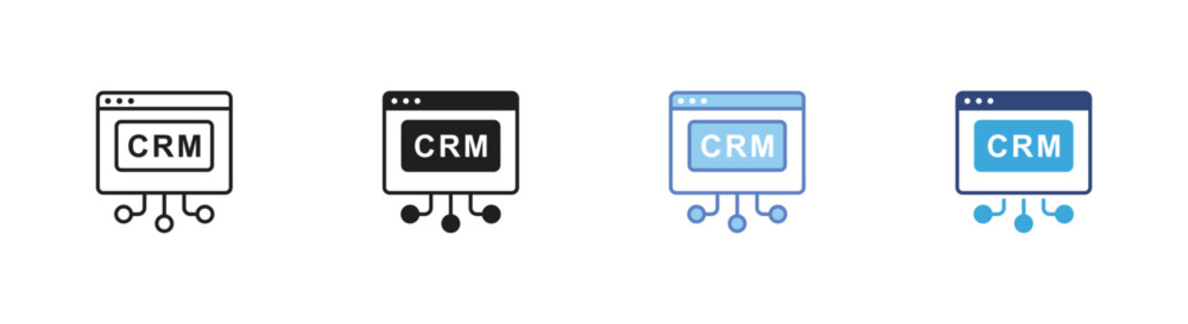 CRM system icon set, Customer relationship management symbols, Business dashboard vector icons, Connected data network signs, CRM software vector icons