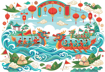 Chinese Dragon Boat Festival Scene Illustration, Duanwu Racing Boats Lanterns and Zongzi Traditional Flat Vector © Creative Studio