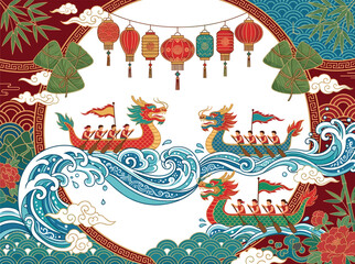 Chinese Dragon Boat Festival Illustration, Traditional Duanwu Racing Boats and Red Lanterns Flat Vector © Creative Studio