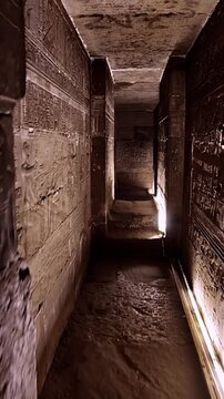 Dendera temple corridor with illuminated hieroglyphic walls and ritual reliefs in Egypt, ancient sacred chamber with dramatic lighting on carved sandstone surfaces.
