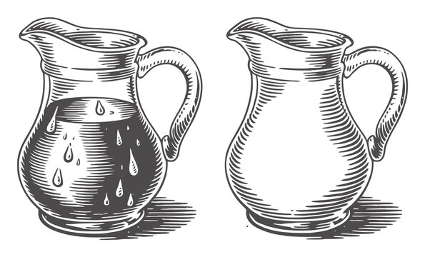 液体で満たされた水差しと空の水差しを並べて描いた、ビンテージ調の彫刻イラスト