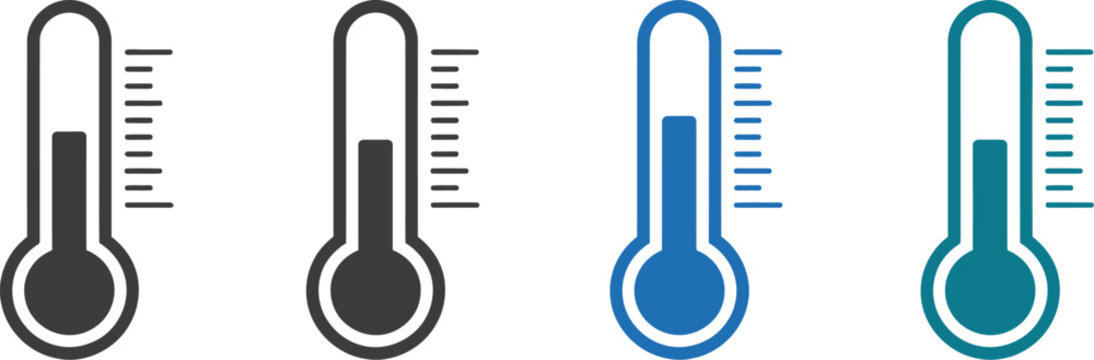 Temperature icons set, vector thermometer symbols with cold to hot temperature scales for weather reports, climate control, science, and healthcare.