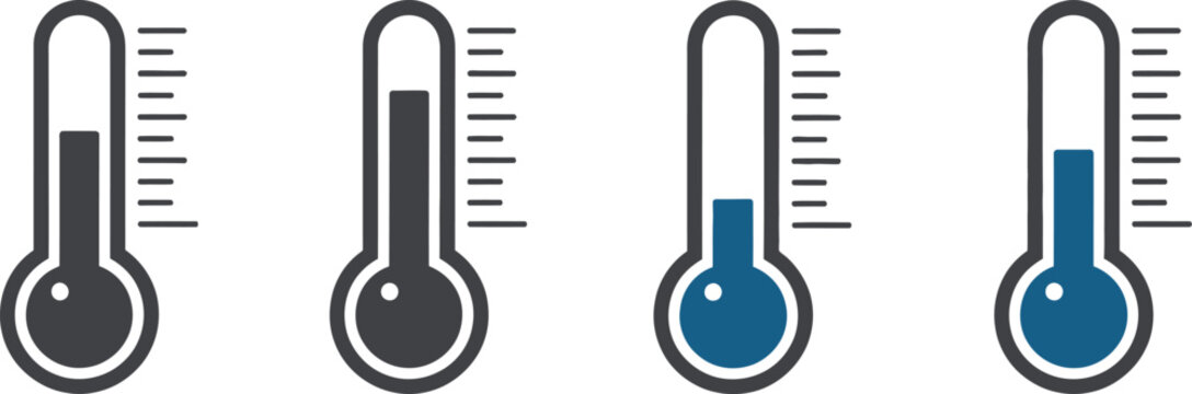 Temperature icons set, thermometer symbols showing cold to hot temperature levels for weather forecasts, climate monitoring, healthcare, and measurement.