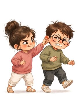 Cute illustration of a mischievous little sister pulling her brother's ear, showing playful sibling rivalry and bond for Raksha Bandhan greeting cards and posters.